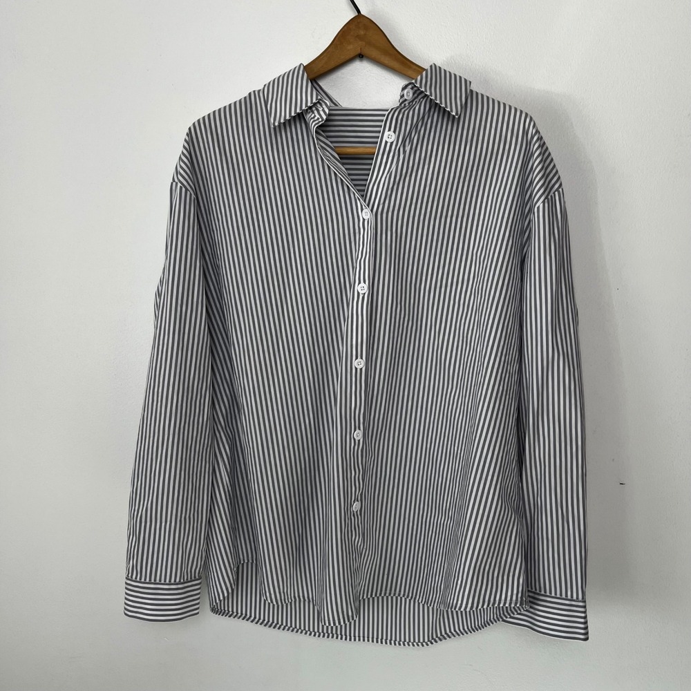 LYANER Womens Grey White Striped 100% Cotton Long Sleeve‎ Button Down Shirt